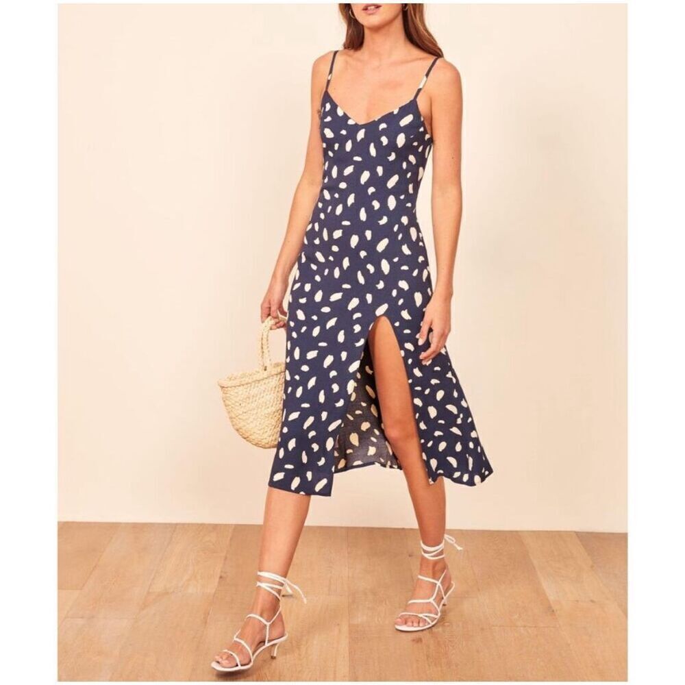 Reformation Crimini blue splatter Y2K 0 crepe midi slip sundress